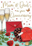 This illustrated anniversary card captures the feeling of a cosy, heartfelt celebration, the sort you might imagine unfolding in a Tufnell Park kitchen after a favourite family meal. At the back of the image, two tall champagne flutes stand close together, filled with softly glowing golden fizz. The bubbles appear mid-rise, ready for a shared toast that marks another year of companionship and love. In front, a generous heart-shaped box of chocolates dominates the scene, its deep red casing and sumptuous satin bow instantly suggesting indulgence and care. The lid is propped open to reveal a carefully arranged selection of chocolates, each with a smooth, inviting surface, while a few pieces rest casually on the table as though recently chosen. Next to the box, two vivid red roses lie at an easy angle, petals plush and touchable, their rich colour mirrored by the glossy green of their leaves. They could easily have come from a bouquet prepared earlier in the day by a local Tufnell Park florist, chosen with parents or long-time partners in mind. A scarlet envelope, sealed and slightly tilted, hints at a personal note-perhaps a card addressed to Mum & Dad, filled with memories and appreciation. All around the composition, tiny hearts in crimson and gold float across the soft background, adding movement and a playful sense of romance. The image blends the sensual pleasures of flowers, chocolate, and champagne with the emotional warmth of home, evoking an anniversary that is not just marked, but truly savoured together.
