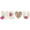 Set against a pristine white backdrop, this bespoke sympathy display spells H-E-(heart)-U in three-dimensional floral forms, an intimate declaration of love and remembrance. The letters H, E and U are constructed from densely packed, snow-white chrysanthemums that create a pillowy, textured surface; each letter's profile is gently traced with a ruffled blush-pink satin ribbon that catches the light and lends a soft, handwritten finish. At the base of the H a compact spray of vivid fuchsia roses sits among tiny reddish-pink berries and narrow, fern-like deep green foliage, the colour popping against the white. The E carries a central cluster of three fuchsia roses on its middle bar, framed by elegant green leaves that give the composition balance and depth. Where an I would normally stand, a full heart replaces the stroke - a romantic, rounded heart filled with a layered mix of pale pink spray carnations, blush lisianthus or small roses and generous pale green eucalyptus leaves. The eucalyptus adds cool, matte green pockets between the blush blooms and lifts the heart's soft perfume, while the carnations' ruffled petals create a tender, comforting texture. The U mirrors the craftsmanship of the H and E, edged with the same satin ribbon and finished with a small accent of two fuchsia roses and darker foliage tucked into the lower inside curve. The overall effect is one of considered devotion: pure whites symbolise peace, pinks speak of affection, and the arrangement's clean lines and delicate accents make it equally suitable for a memorial service, a chapel tribute in Tufnell Park, or a personal keepsake to express enduring love.
